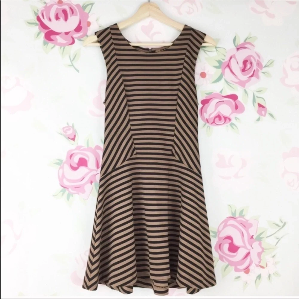 Free People Black Brown Stripe Fit and Flare Mini Dress XS